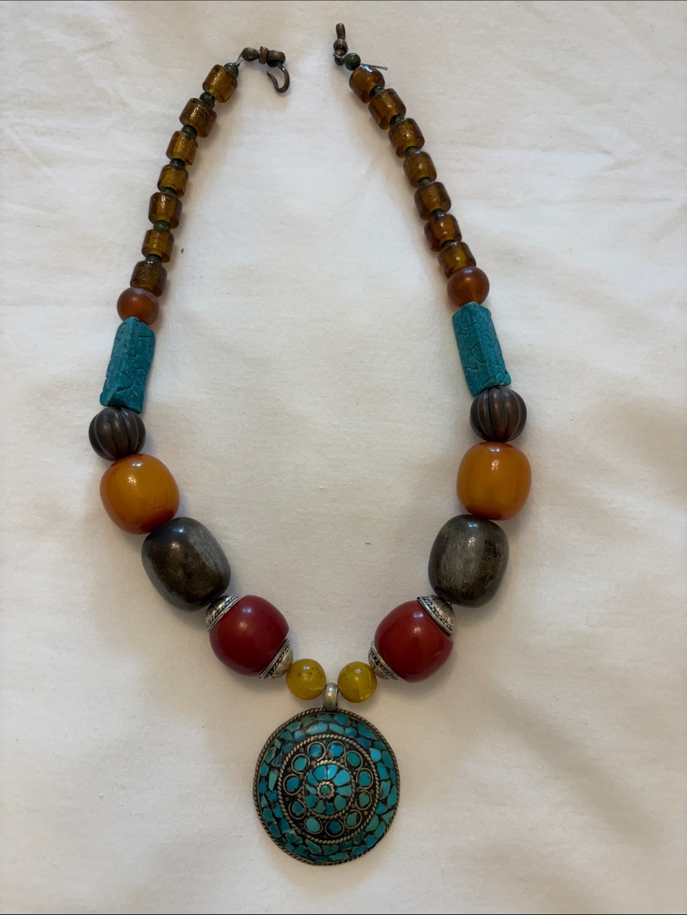 Handcrafted Multicolor Bead Necklace with Turquoise Pendant